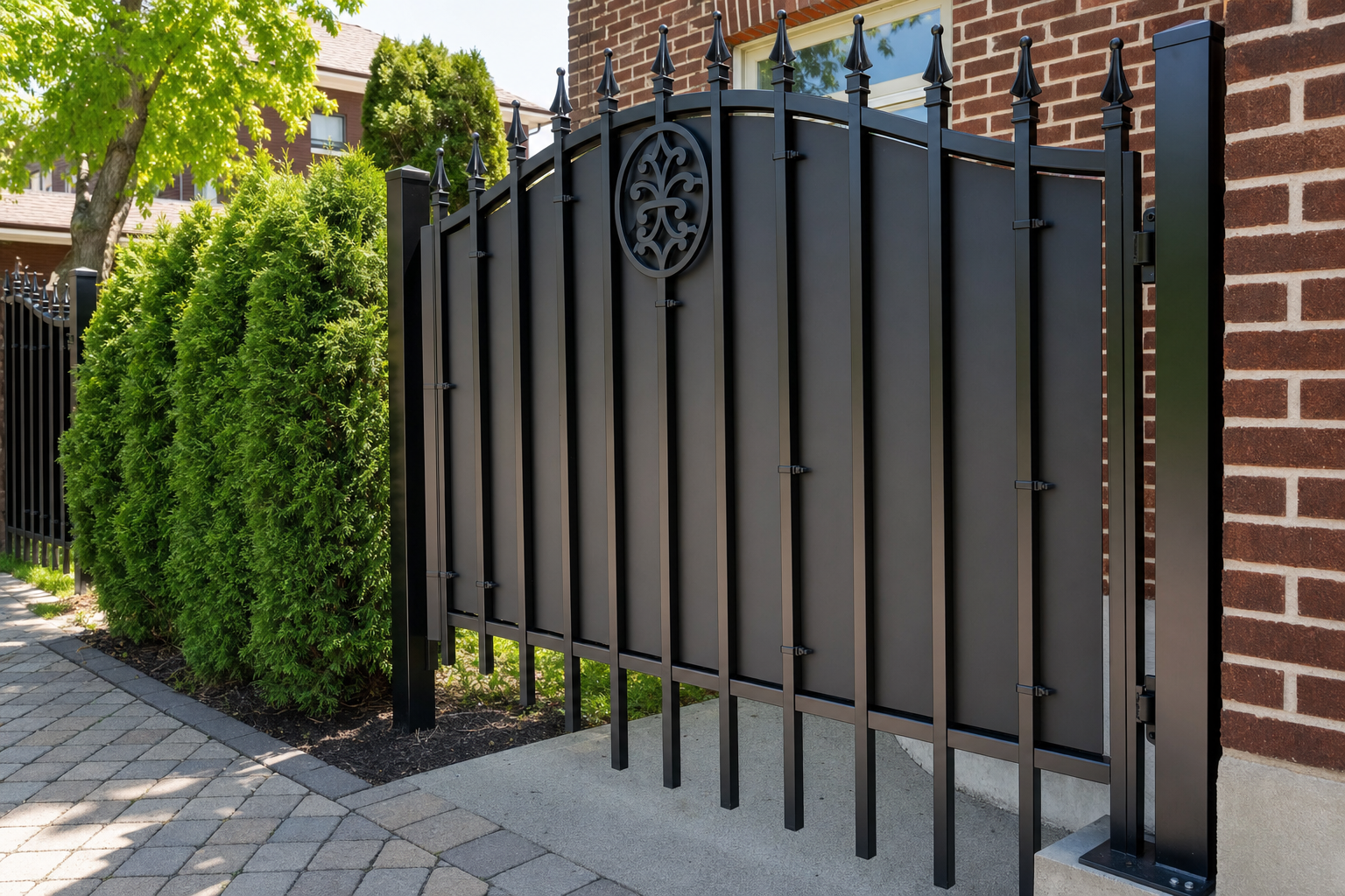 Charcoal aluminum composite privacy panels mounted behind the pickets of a black ornamental aluminum gate, cut to follow the arched top rail