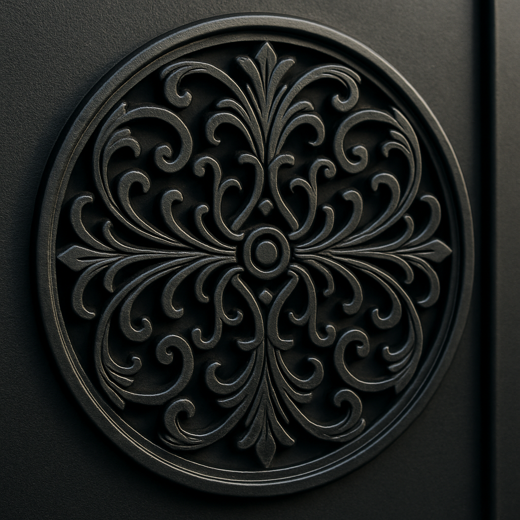 Decorative PVC cut-out medallion accent on a gate
