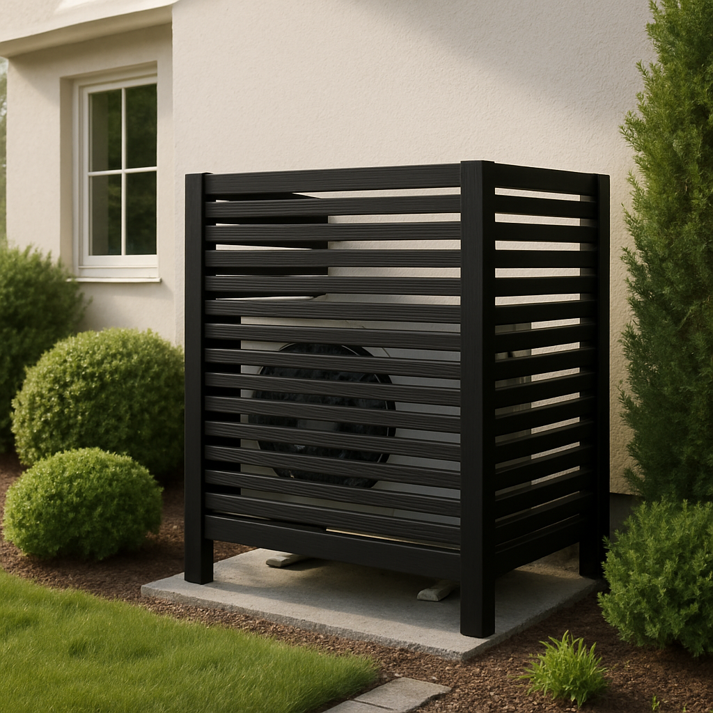 Black PVC cover screening a heat pump beside a house
