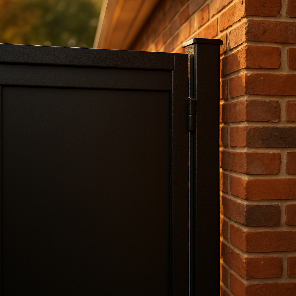 Black PVC privacy infill panel fitted inside a gate frame