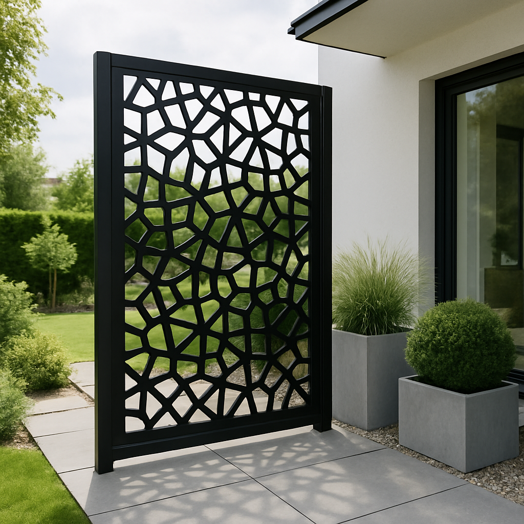 Decorative cut-out PVC screen panel on a patio