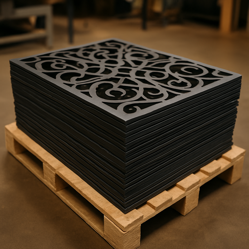Stacked CNC-cut black PVC panels ready for trade pickup